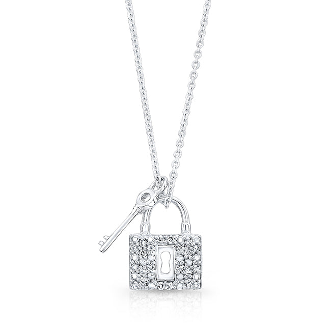 Diamond Lock And Key Pendant In 14k White Gold (18-in Curb Chain)
