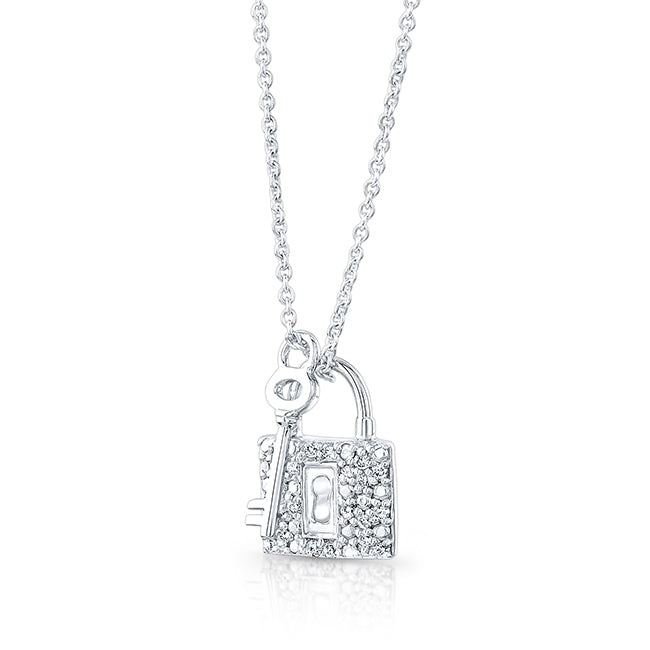 Diamond Lock And Key Pendant In 14k White Gold (18-in Curb Chain)