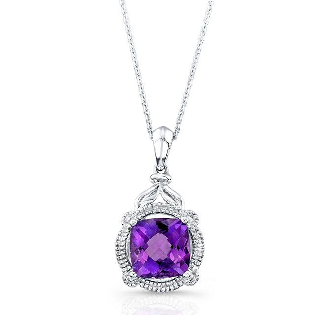 Amethyst And Diamond Cushion Leaf Pendant In 14k White Gold (18-in Curb Chain)