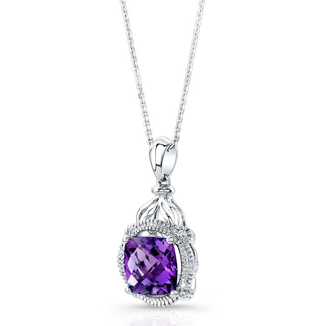 Amethyst And Diamond Cushion Leaf Pendant In 14k White Gold (18-in Curb Chain)