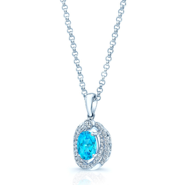 Oval Swiss Blue Topaz & Diamond Pendant In 14k White Gold