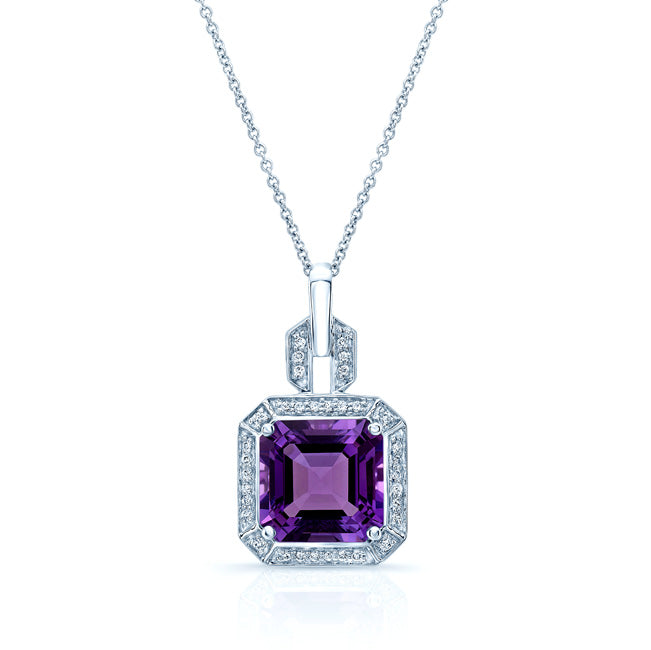 Amethyst And Diamond Pendant In 14k White Gold (9mm)