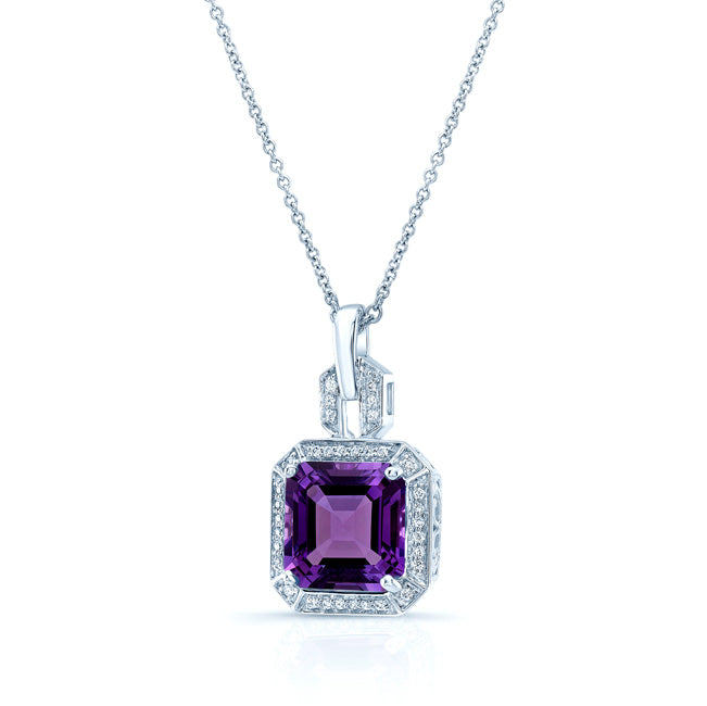 Amethyst And Diamond Pendant In 14k White Gold (9mm)