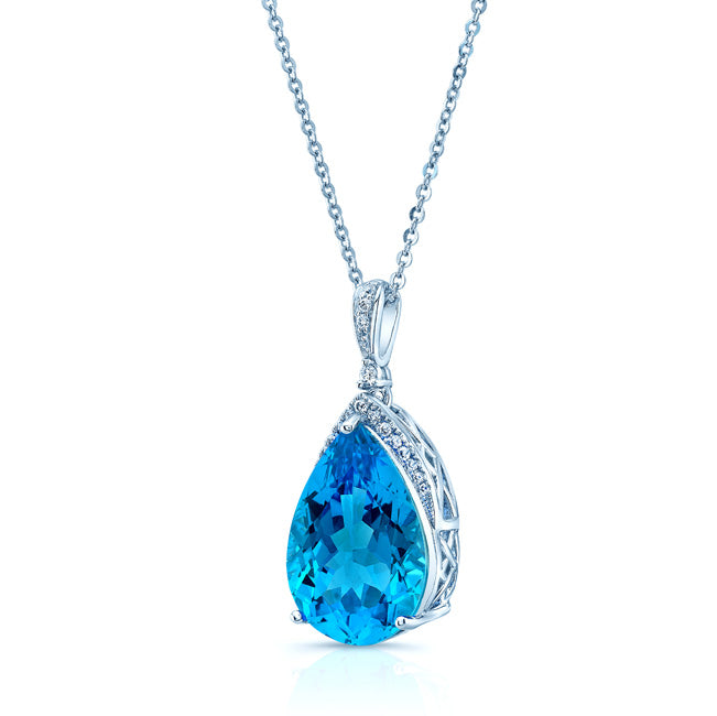Blue Topaz Teardrop Pendant With Diamond Crest In 14k White Gold (18x13mm Center)