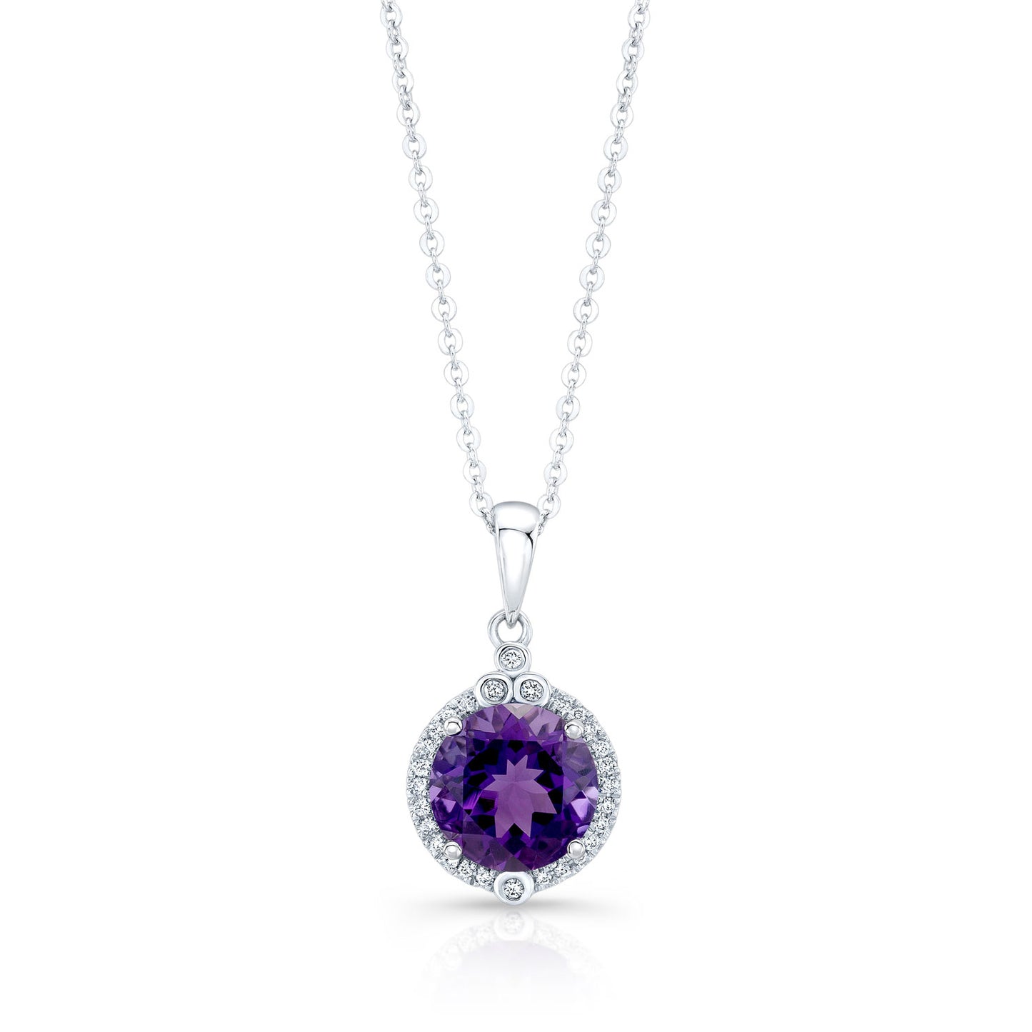 Amethyst And Diamond Round Halo Pendant With Bezel Accent In 14k White Gold