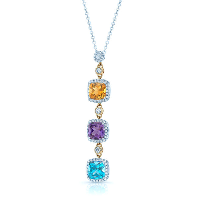 Multi-color Semi-precious And Diamond Dangle Pendant In 14k Two Tone