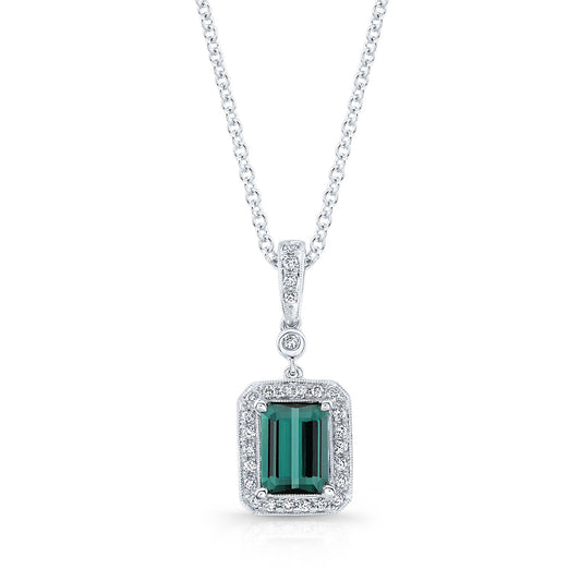 Green Tourmaline And Diamond Emerald Cut Halo Dangle Pendant In 14k White Gold (8x6mm Center)