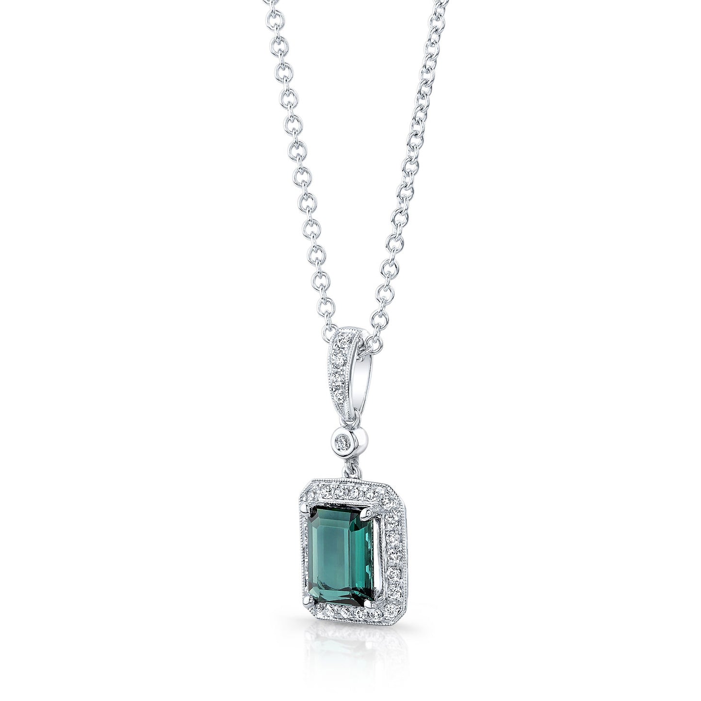 Green Tourmaline And Diamond Emerald Cut Halo Dangle Pendant In 14k White Gold (8x6mm Center)