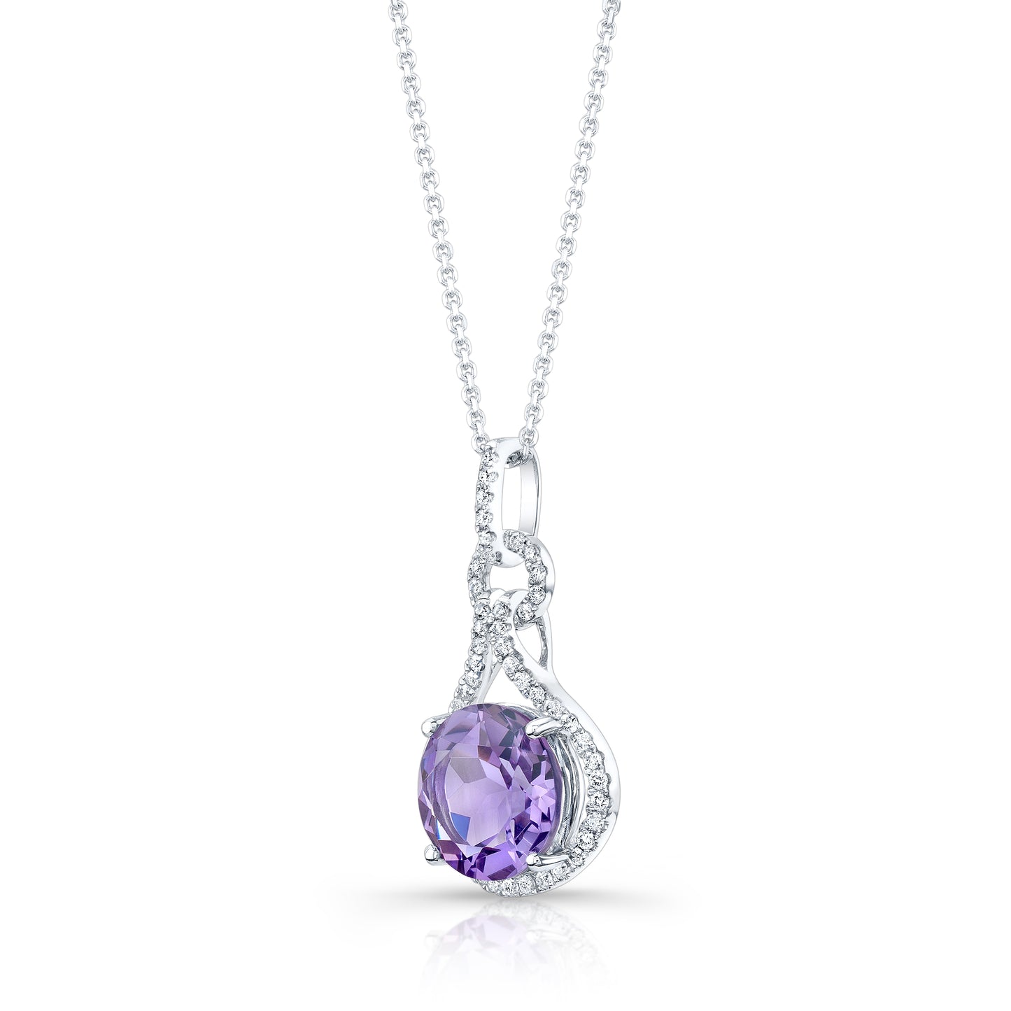 Amethyst And Diamond Pendant In 14k White Gold (10mm)
