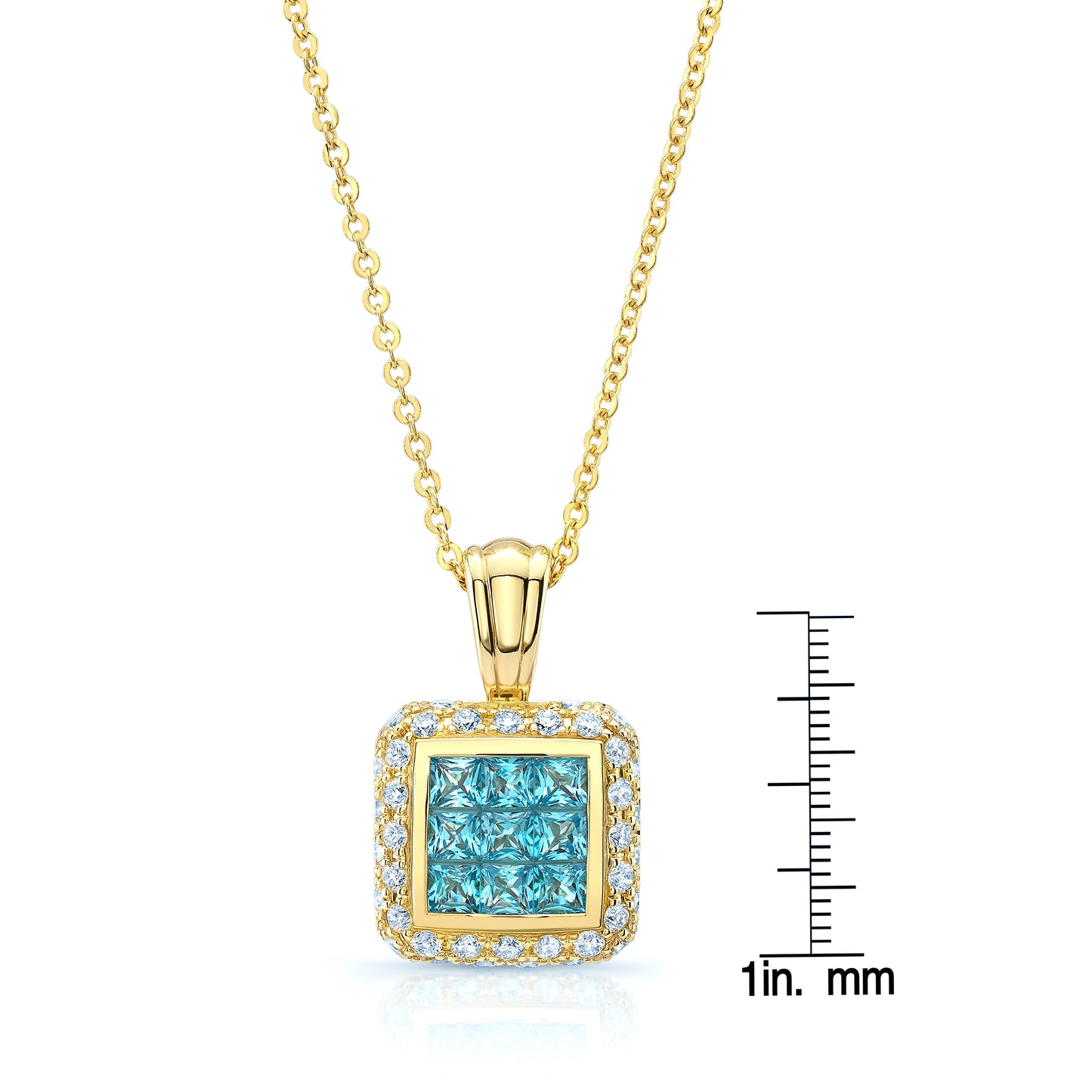 Blue Topaz And Diamond Invisible Set Cube Pendant In 14k Yellow Gold (17-in Rolo Chain)