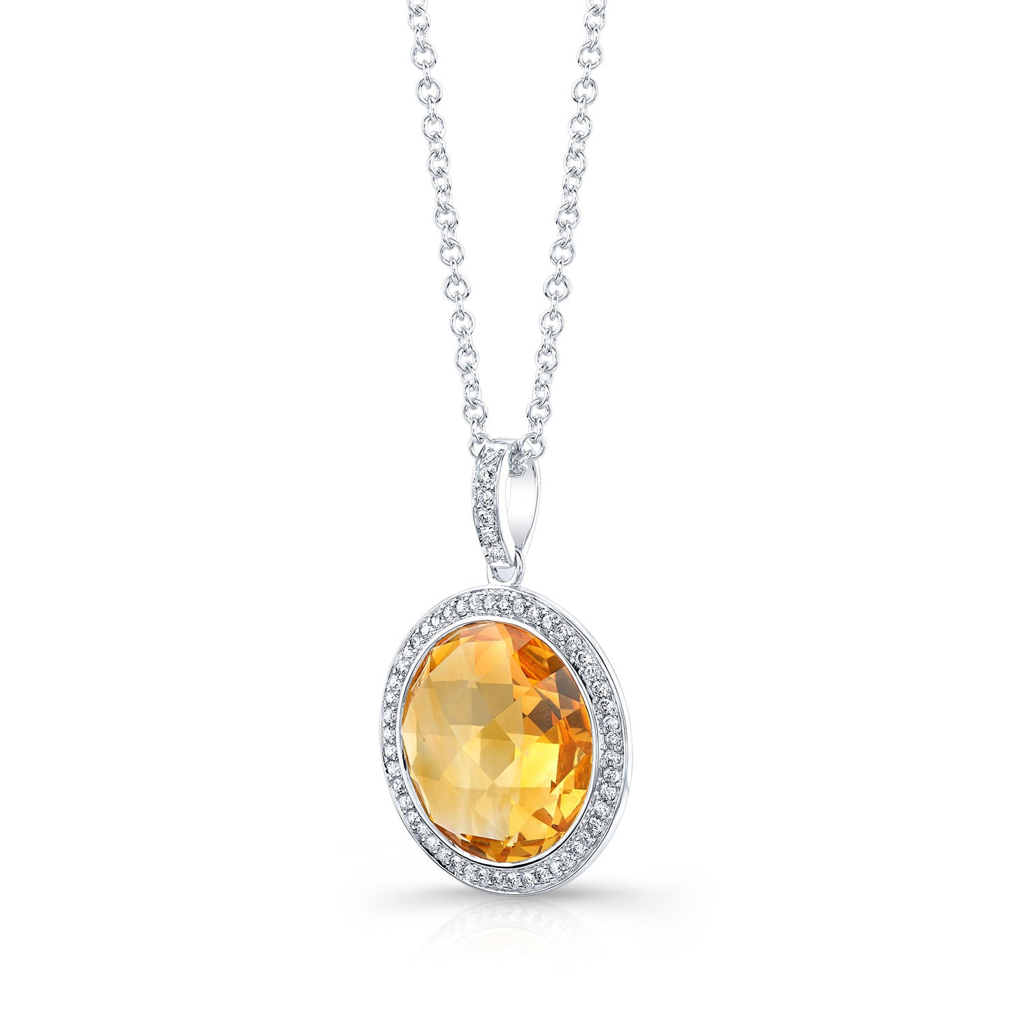Citrine And Diamond Round Checkerboard Halo Pendant In 14k White Gold (si)