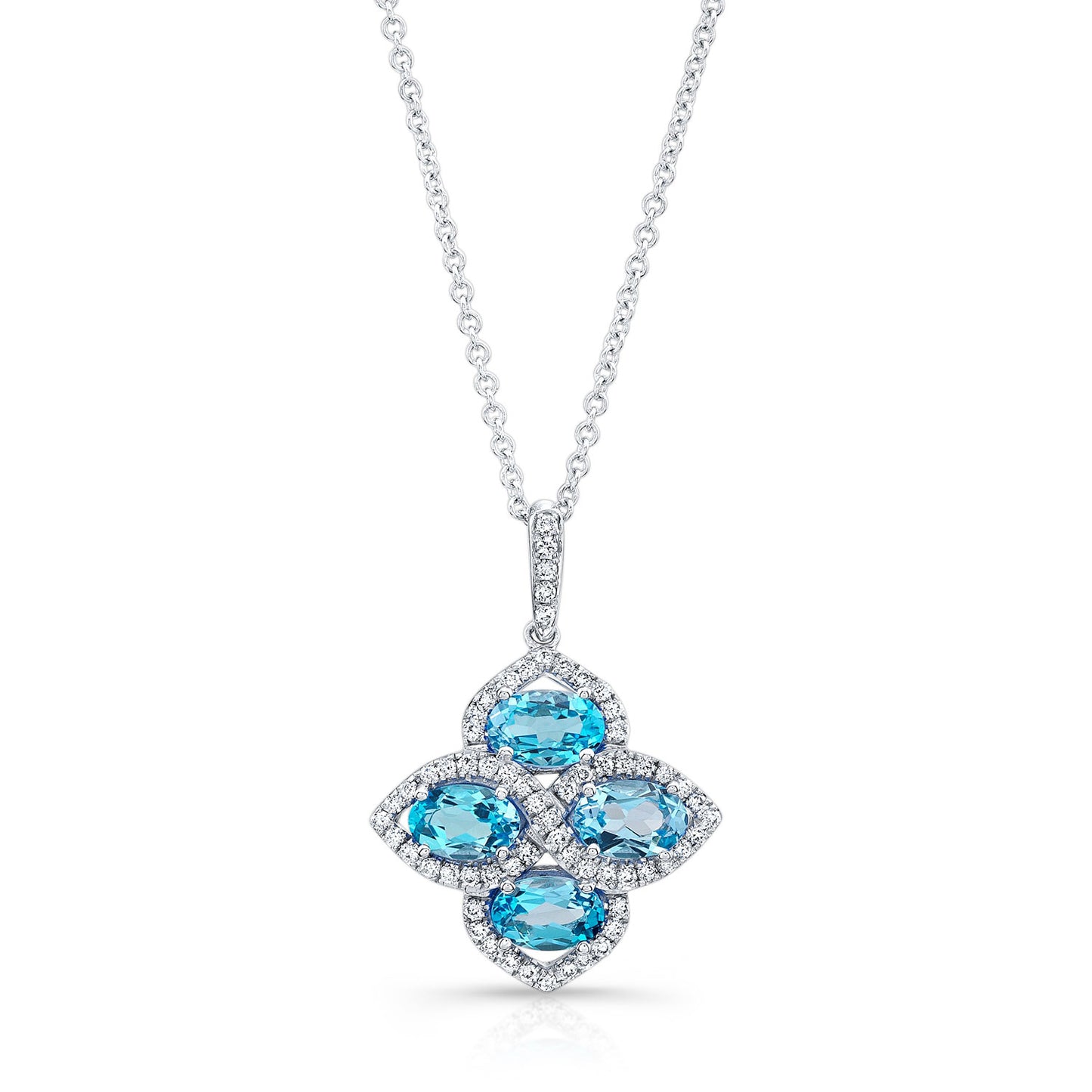 Blue Topaz And Diamond Oval Cluster Flower Pendant In 14k White Gold (6x4mm)