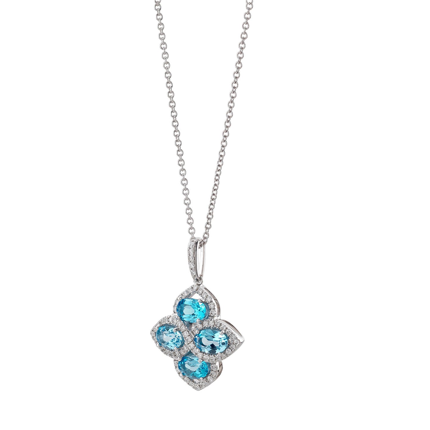Blue Topaz And Diamond Oval Cluster Flower Pendant In 14k White Gold (6x4mm)