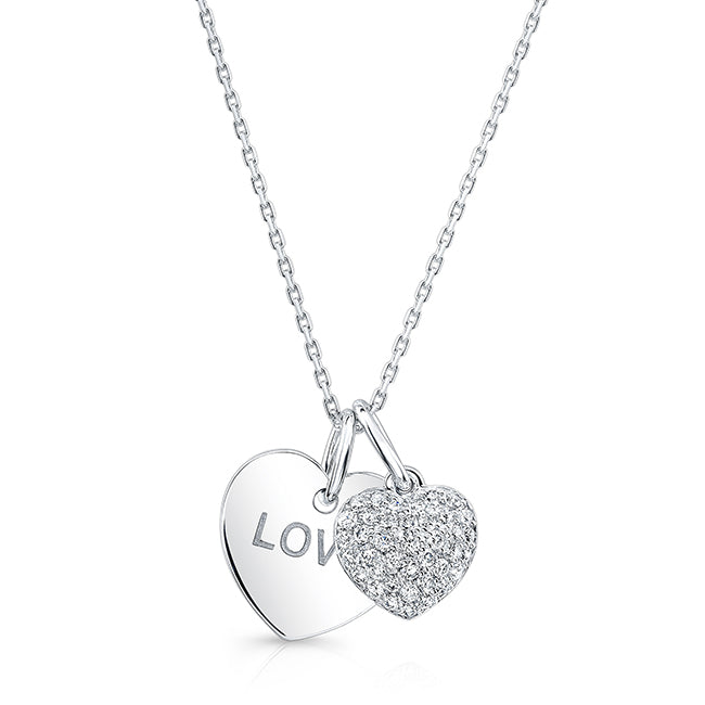 Diamond Double Heart Dangle Pendant In 14k White Gold (18 In Curb Chain)