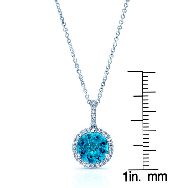 Blue Topaz And Diamond Martini-set Round Halo Pendant In 14k White Gold