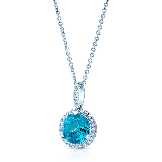 Blue Topaz And Diamond Martini-set Round Halo Pendant In 14k White Gold