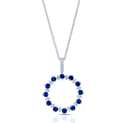 Sapphire And Diamond Prong Circle Pendant With Diamond Bale In 14k White Gold (18-in Curb Chain)