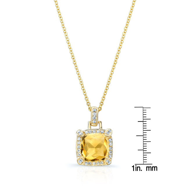 Citrine Cushion And Pave Diamond Pendant In 14k Yellow Gold (9mm)