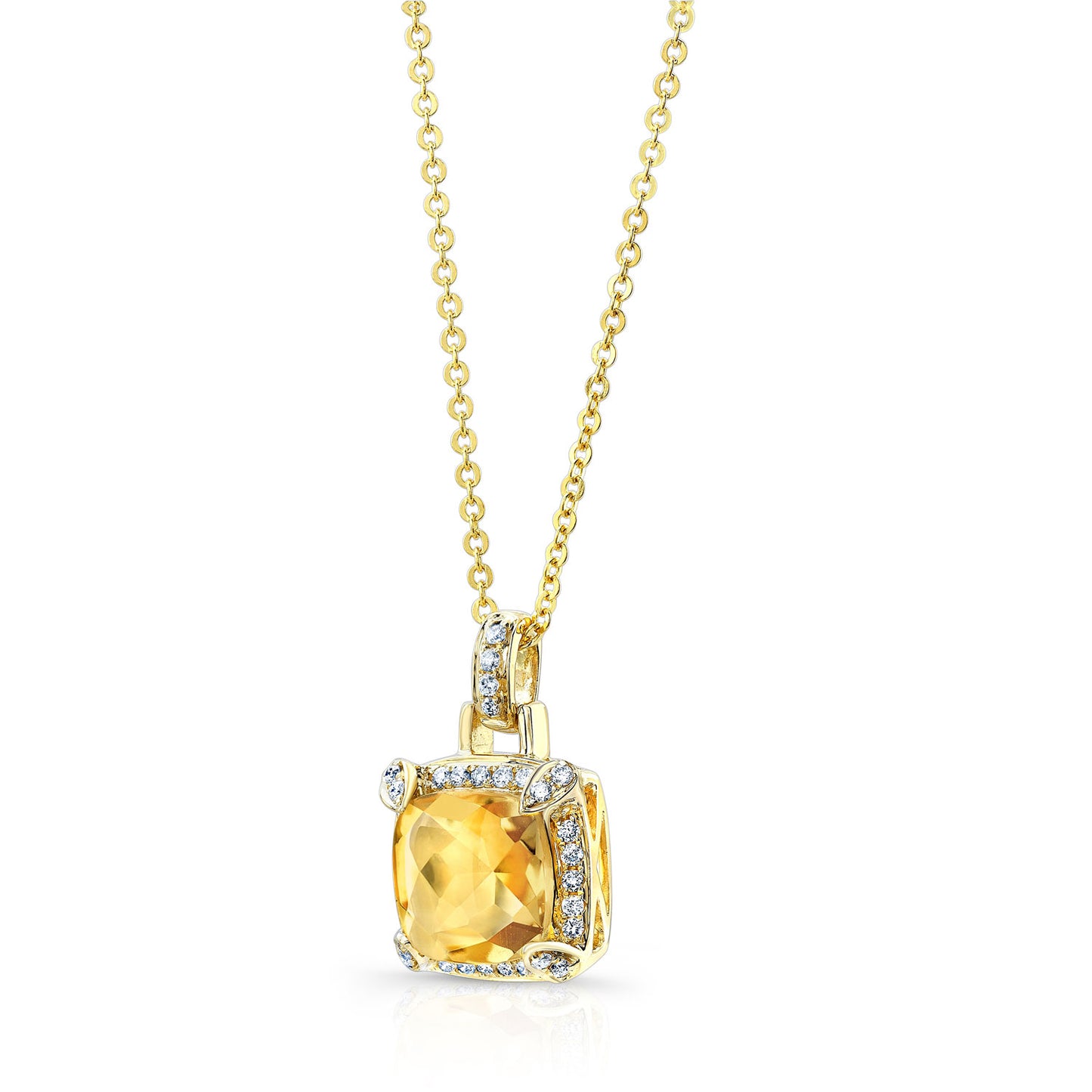 Citrine Cushion And Pave Diamond Pendant In 14k Yellow Gold (9mm)