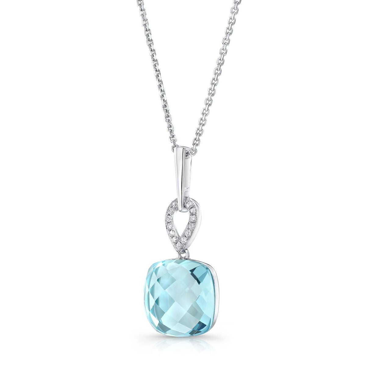 Blue Topaz And Diamond Cushion Drop Pendant In 14k White Gold (18-in Curb Chain)
