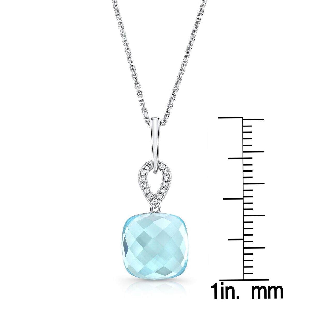 Blue Topaz And Diamond Cushion Drop Pendant In 14k White Gold (18-in Curb Chain)