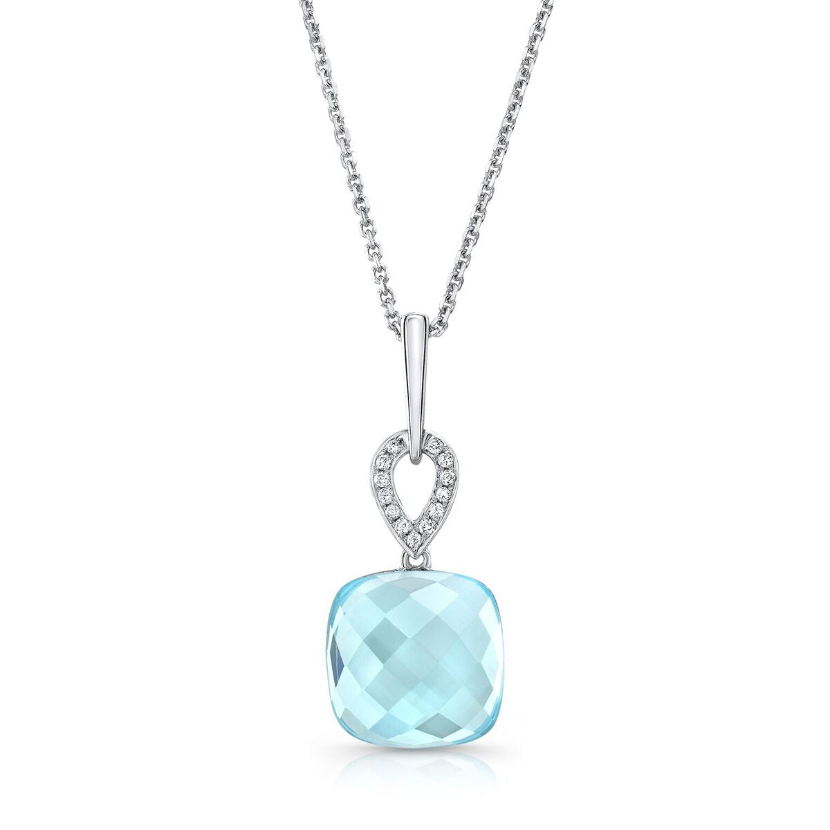 Blue Topaz And Diamond Cushion Drop Pendant In 14k White Gold (18-in Curb Chain)