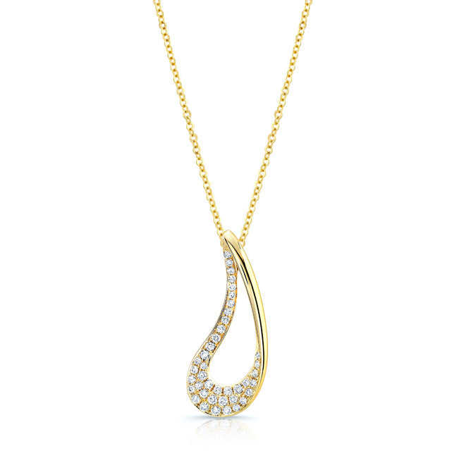 Diamond Pave Curved Open Tear Drop Pendant In 18k Yellow Gold (18-inch)