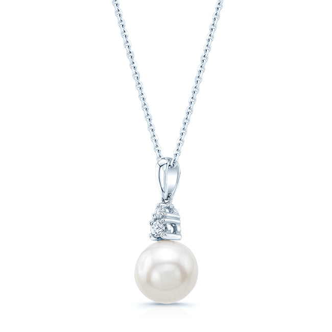 Pearl And Diamond Drop Pendant In 14k White Gold 17in Curb Chain