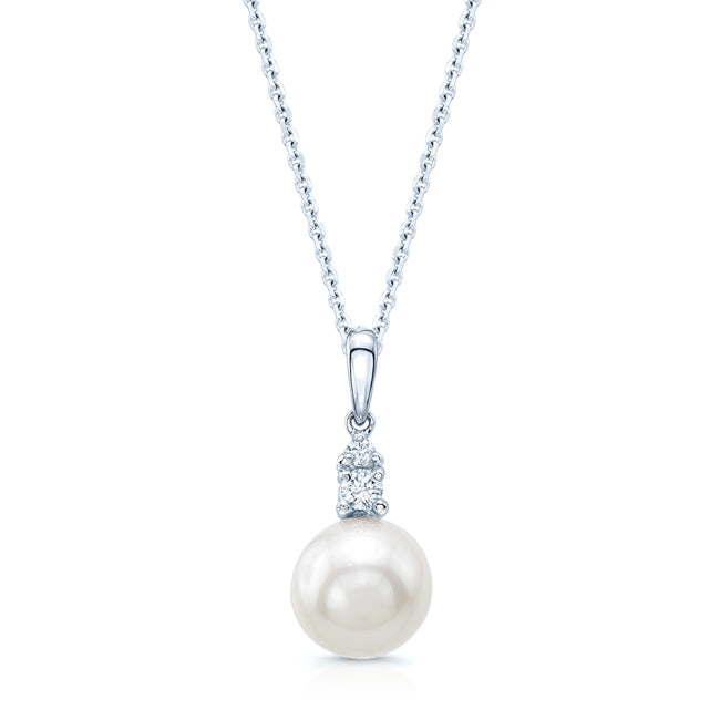 Pearl And Diamond Drop Pendant In 14k White Gold 17in Curb Chain