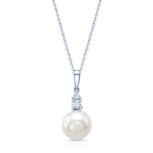 Pearl And Diamond Drop Pendant In 14k White Gold 17in Curb Chain