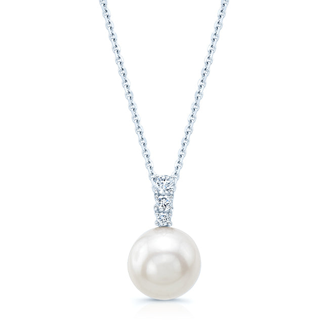 White Cultured Akoya Pearl And Diamond Pendant In 14k White Gold