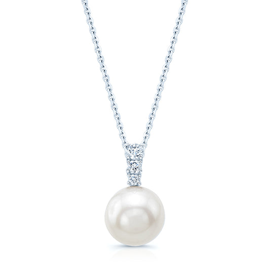 White Cultured Akoya Pearl And Diamond Pendant In 14k White Gold