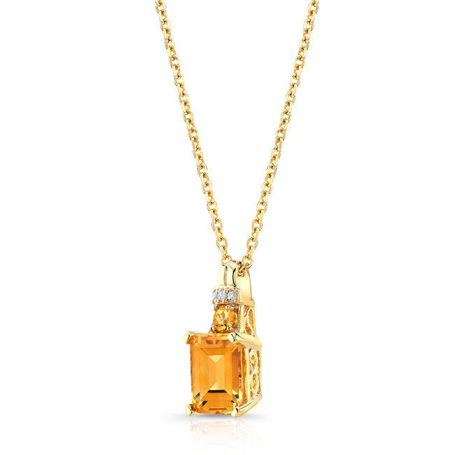 Citrine And Diamond Emerald Cut Pendant In 14k Yellow Gold (18-in Curb Chain)