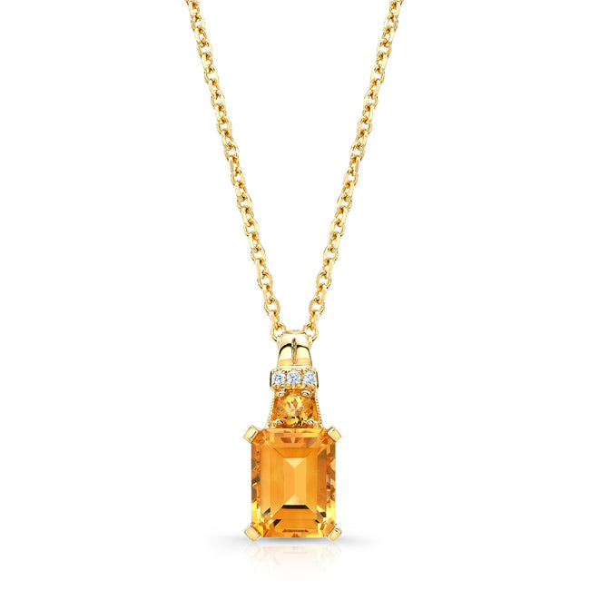 Citrine And Diamond Emerald Cut Pendant In 14k Yellow Gold (18-in Curb Chain)