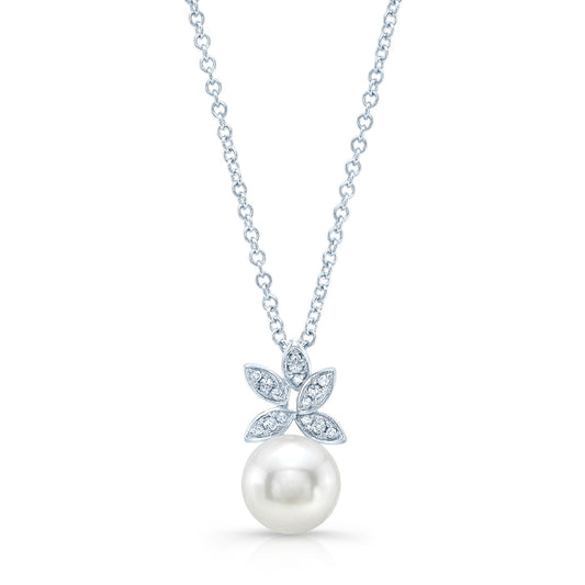 Fresh Water Pearl And Diamond Butterfly Pendant In 14k White Gold