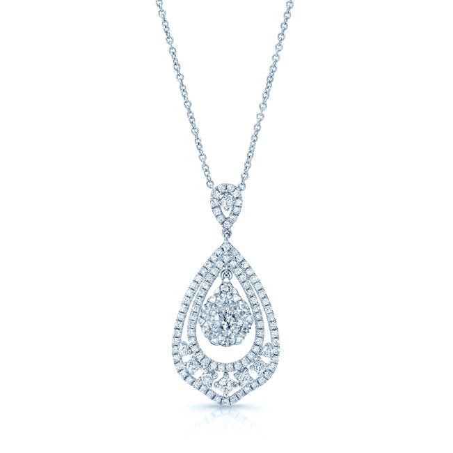 Diamond Open Teardrop Pendant With Cluster Center In 14k White Gold