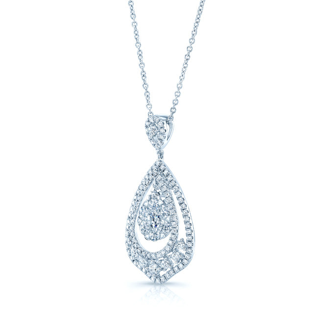Diamond Open Teardrop Pendant With Cluster Center In 14k White Gold