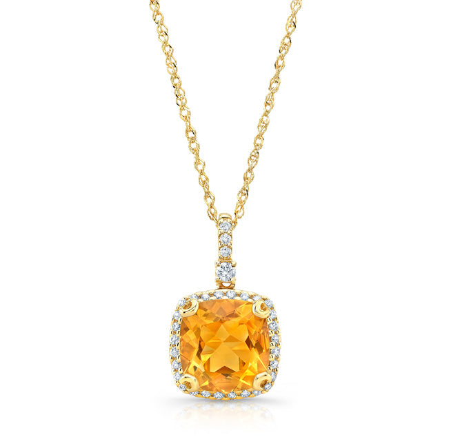 Citrine And Diamond Halo Cushion-cut Pendant In 14k Yellow Gold (9mm)