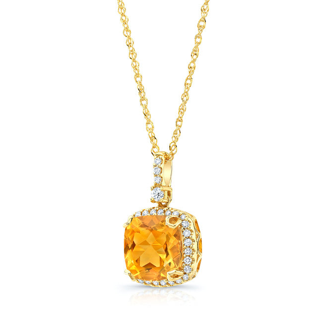 Citrine And Diamond Halo Cushion-cut Pendant In 14k Yellow Gold (9mm)