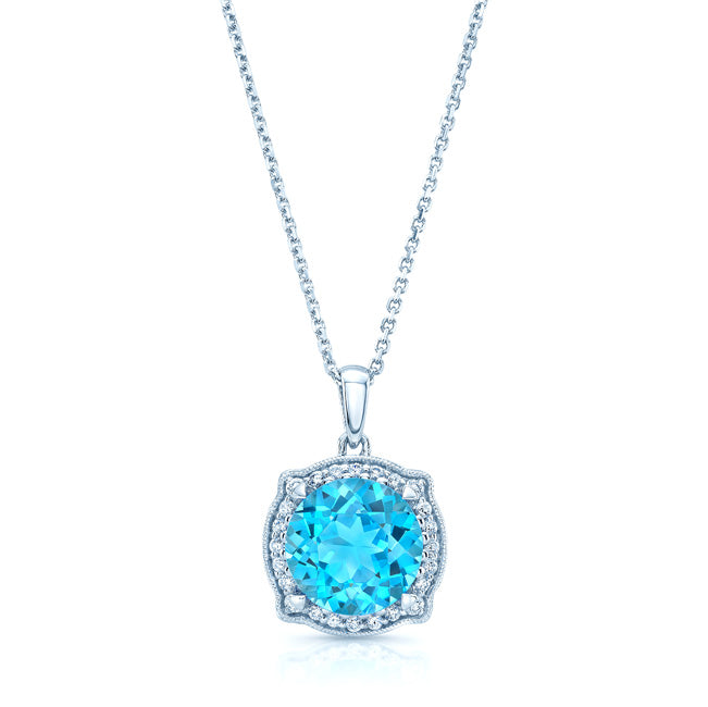 Blue Topaz And Diamond Round Halo Pinched Corner Pendant In 14k White Gold ( Hi / Si )
