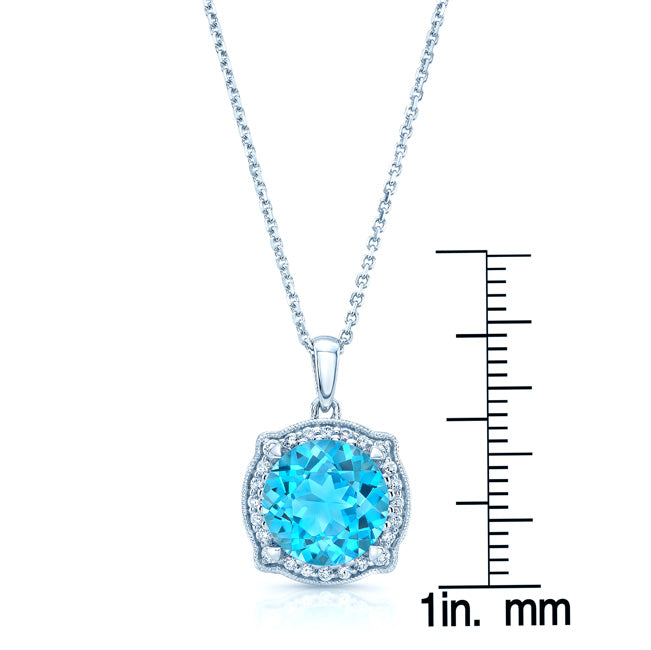 Blue Topaz And Diamond Round Halo Pinched Corner Pendant In 14k White Gold ( Hi / Si )