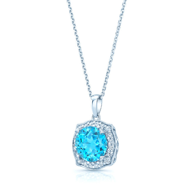 Blue Topaz And Diamond Round Halo Pinched Corner Pendant In 14k White Gold ( Hi / Si )