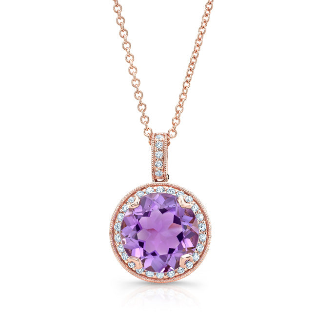 Amethyst And Diamond Round Halo Antique Finish Pendant In 14k Rose Gold ( Hi / Si )