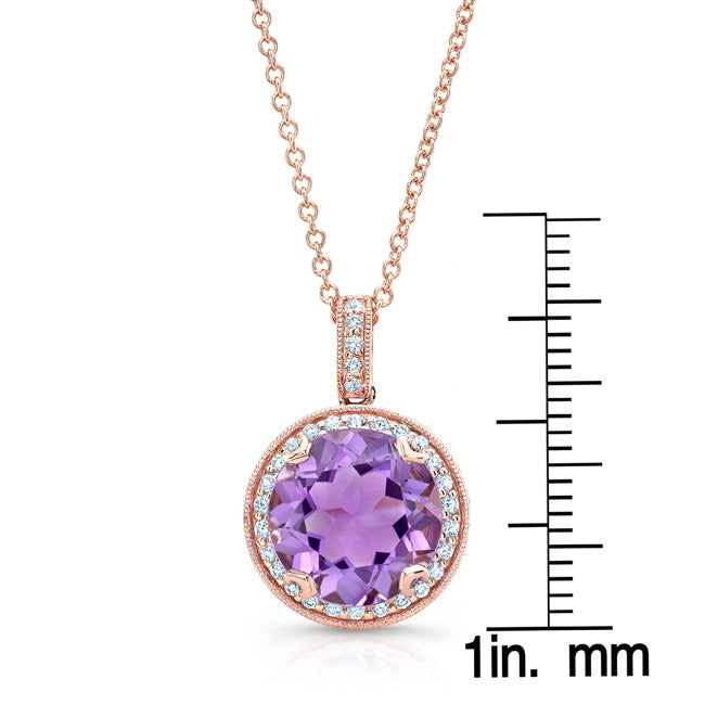 Amethyst And Diamond Round Halo Antique Finish Pendant In 14k Rose Gold ( Hi / Si )