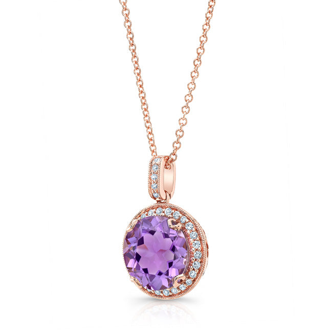 Amethyst And Diamond Round Halo Antique Finish Pendant In 14k Rose Gold ( Hi / Si )