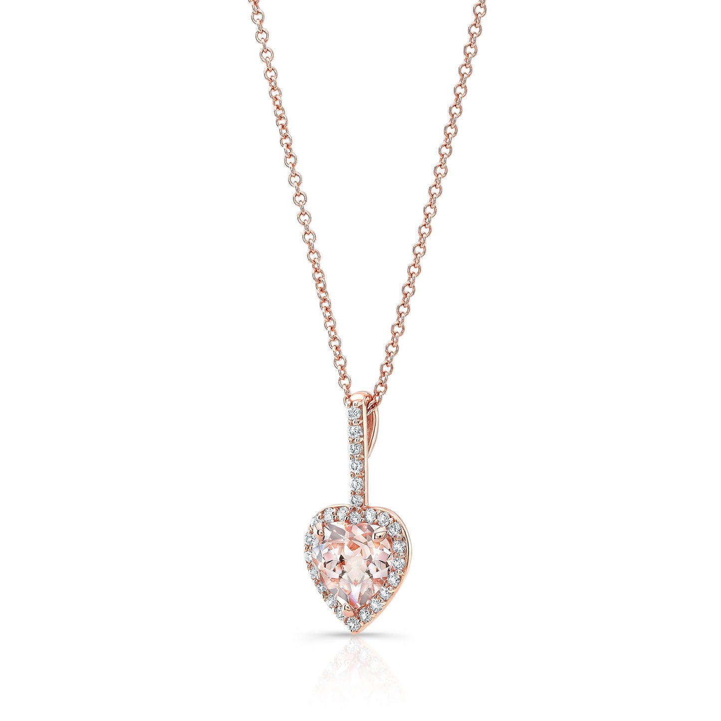 Morganite and Diamond Halo Heart Pendant in 14k Rose Gold 1/4ctw