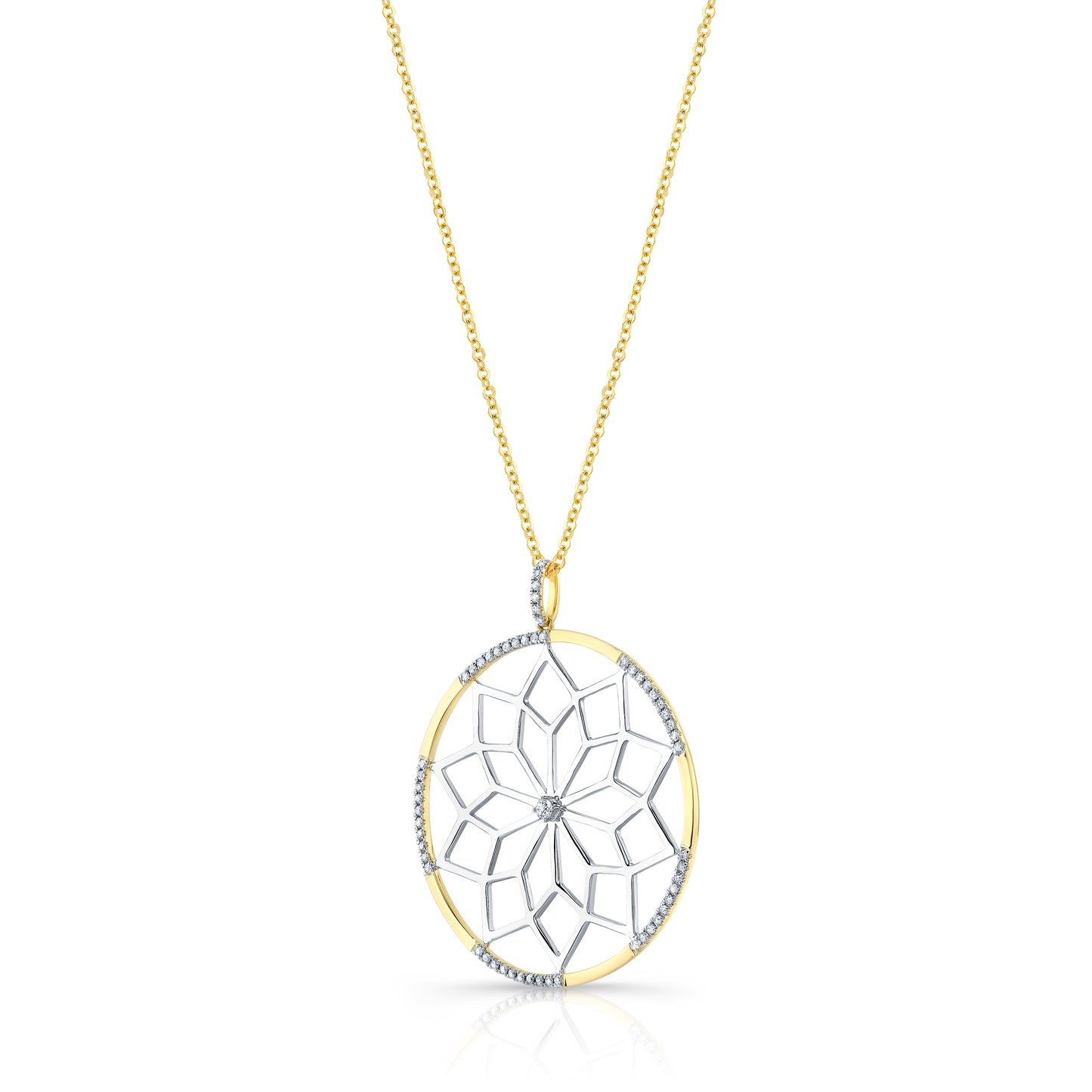 Diamond Snowflake Pendant With Circular Frame in 14k Yellow Gold 1/3ctw, 16-18 Inch Adjustable Rolo Chain