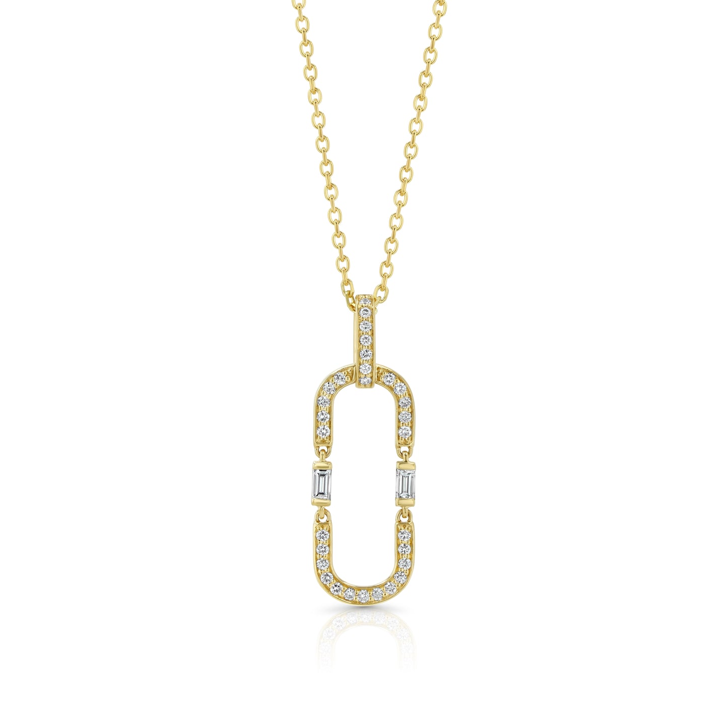 Round and Baguette Diamond Paper Clip Pendant in 14K Yellow Gold 1/3ctw