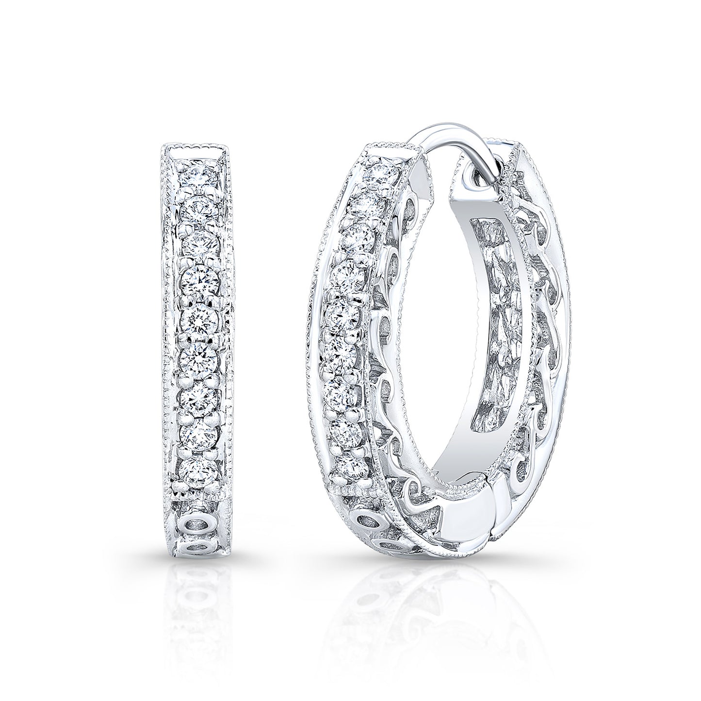 Diamond Filigree Huggie Earrings In 14k White Gold
