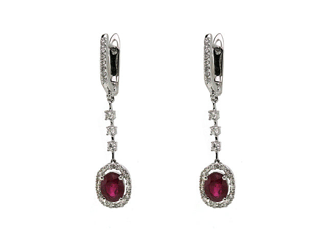 Ruby And Diamond Dangle Oval Halo Earrings In 14k White Gold (6x4mm)